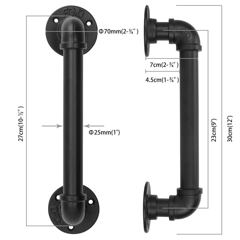 FOYO Set of 2 Industrial Pipe Door Pull Handle, Grab Bar, Towel Bar, Antique Rustic Cast Iron Handrail - Matte Black, 12 Inch - Image 2