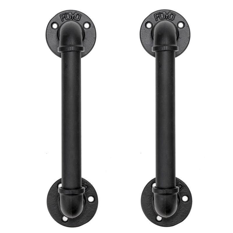 FOYO Set of 2 Industrial Pipe Door Pull Handle, Grab Bar, Towel Bar, Antique Rustic Cast Iron Handrail - Matte Black, 12 Inch - Image 1