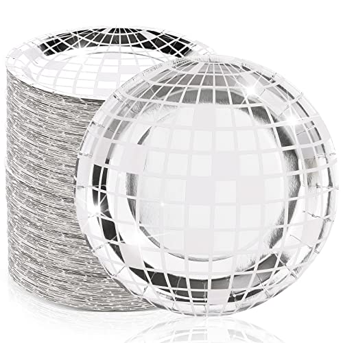 Funtery 50 Pcs Disco Plates 9 Silver Paper Plates 70s Party Decorations Disposable Disco Dessert Dinner dish Dancing Queen Cowgirl Party Decorations for New Years Eve Party Supplies 2025