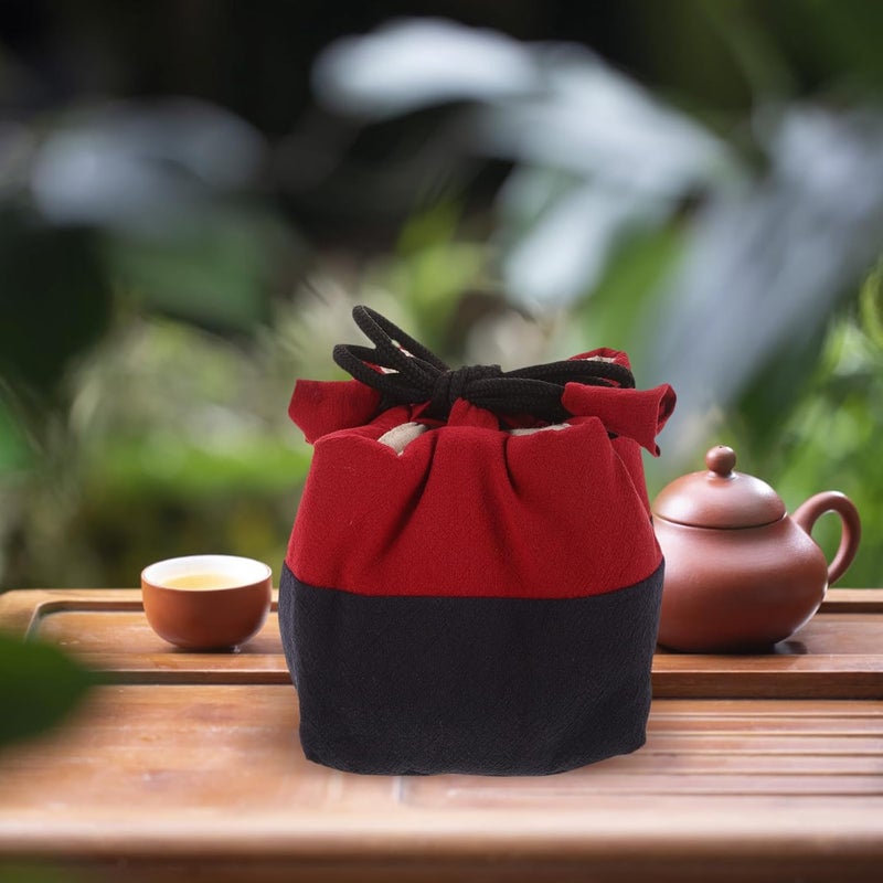 Decorative Large Drawstring Tea Set Storage Bag Fabric Pouch for Portable Teacup Storage and Travel Gongfu Tea Accessories in Wine Red and Navy Blue - Image 4