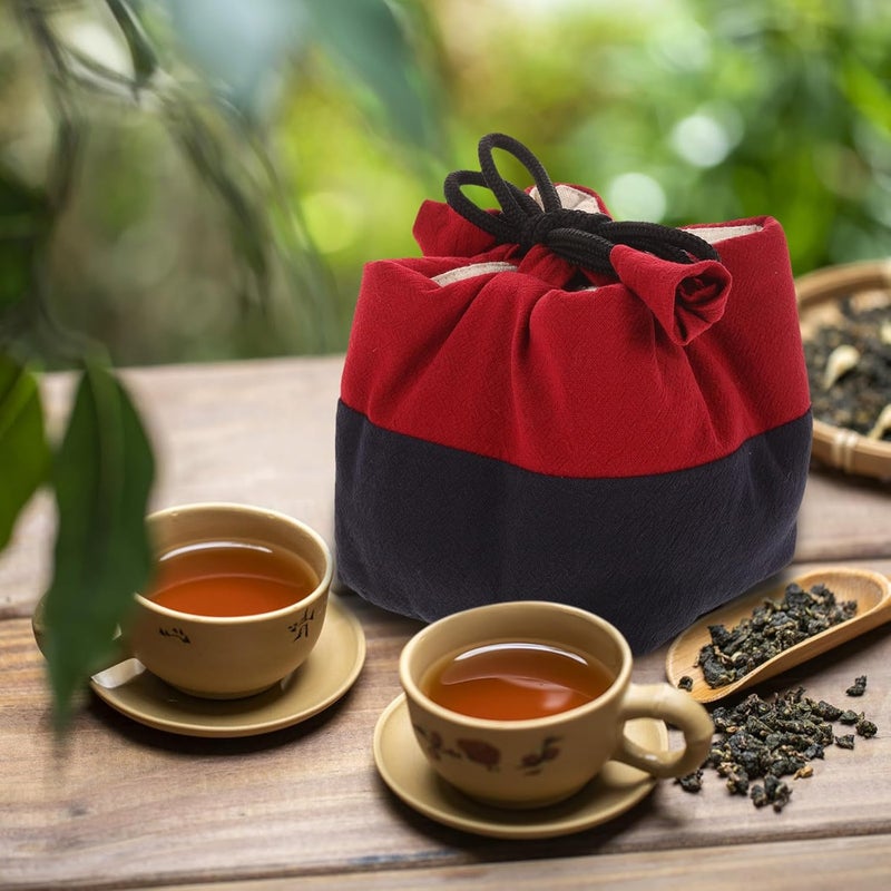 Decorative Large Drawstring Tea Set Storage Bag Fabric Pouch for Portable Teacup Storage and Travel Gongfu Tea Accessories in Wine Red and Navy Blue - Image 5