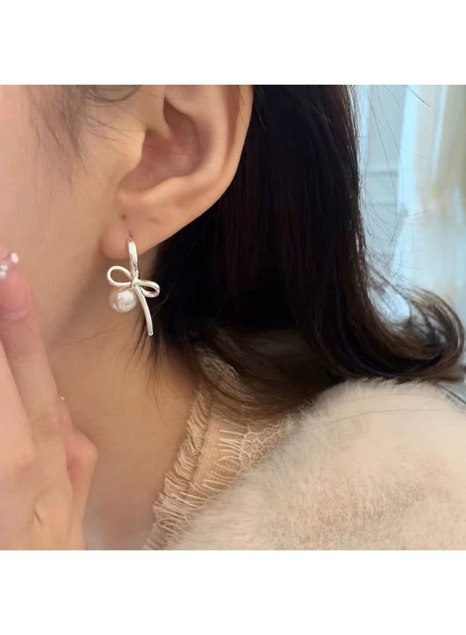 Goolsky أقراط لؤلؤة س925 فضية بإبرة رفيعة بتصميم بسيط على شكل قوس باليه - مجوهرات فاخرة خفيفة أنيقة - Image 4