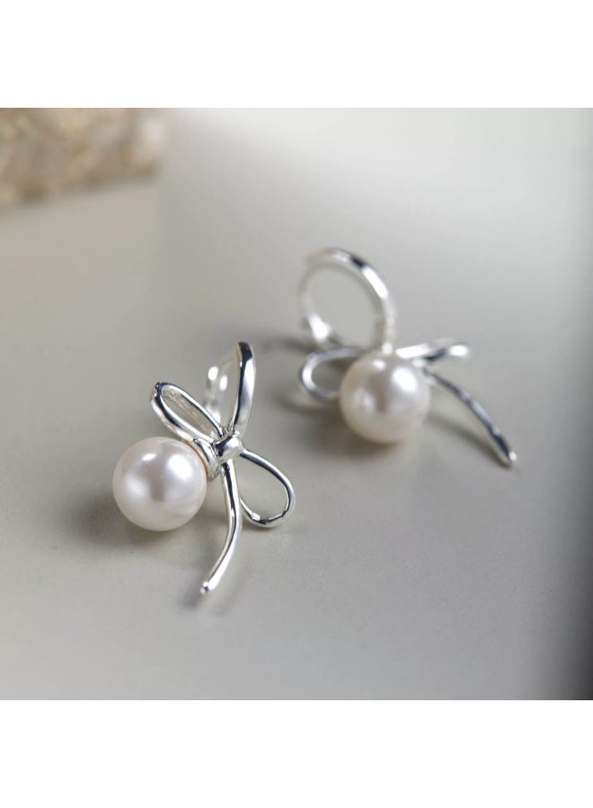 Goolsky أقراط لؤلؤة س925 فضية بإبرة رفيعة بتصميم بسيط على شكل قوس باليه - مجوهرات فاخرة خفيفة أنيقة - Image 5