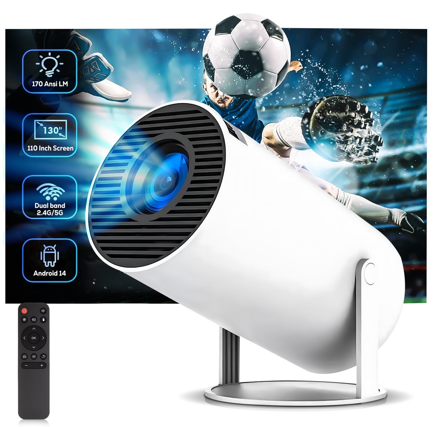 HY300 Pro+ Smart Projector with Android 14, Native 720P HD, 4K Supported, 170 ANSI Lumens, Auto Keystone Correction, Dual Band WiFi 6 & Bluetooth 5.0, Portable Home Theater Projector Mini Projector Allwinner H723 Quad-core ARM Cortex-A53 White