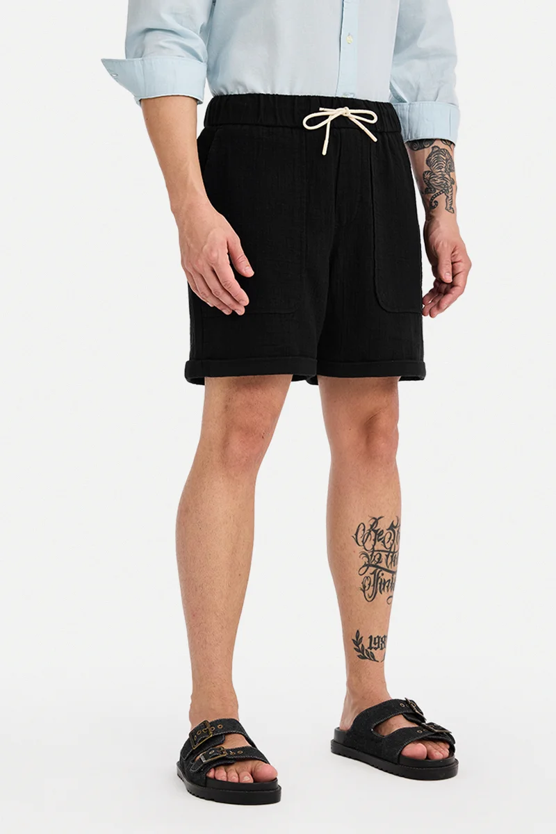 SNITCH Black Textured Relaxed Casual Shorts