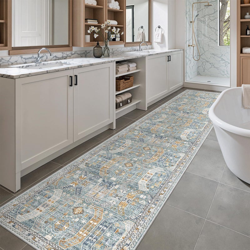 Madane Runner Rugs for Hallway 2x10 Long Washable NonSlip Hallway Runner Rug LowPile Stair Kitchen Runner Soft Throw Carpet for Entrance Living Dining Laundry Room BlueGold 2 x 10