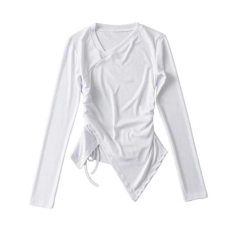 European and American 2022 spring oblique collar irregular split lace-up long-sleeved T-shirt women's solid color pleated slim bottoming shirt fashion - Image 1