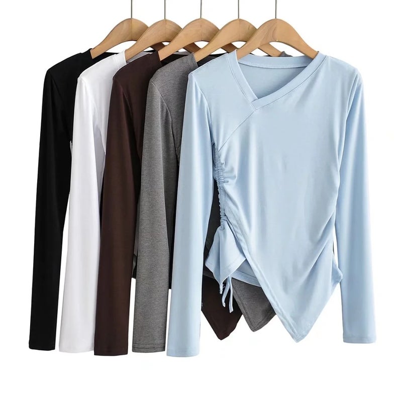 European and American 2022 spring oblique collar irregular split lace-up long-sleeved T-shirt women's solid color pleated slim bottoming shirt fashion - Image 2