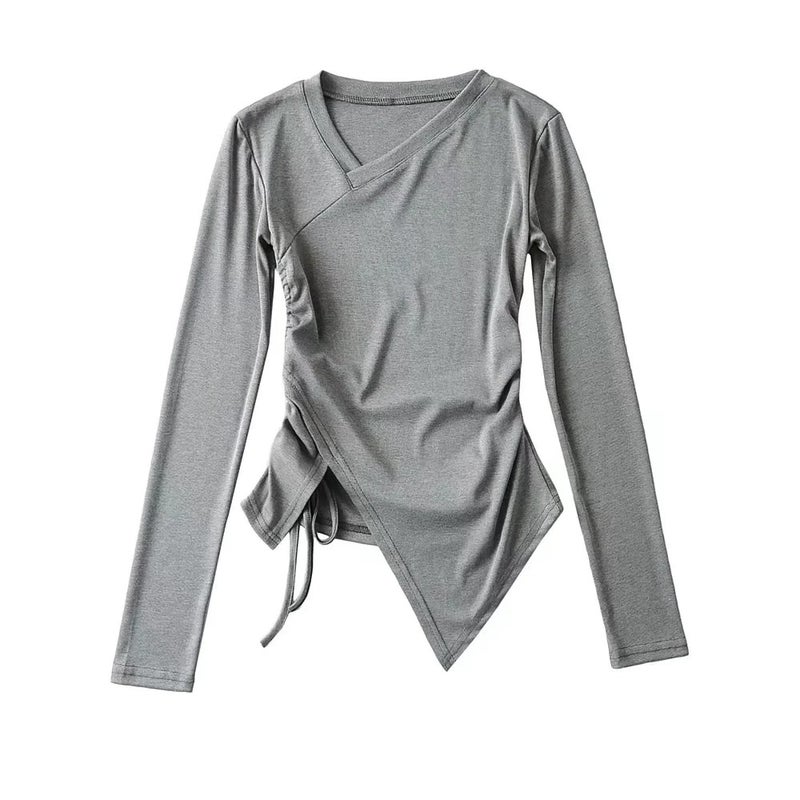 European and American 2022 spring oblique collar irregular split lace-up long-sleeved T-shirt women's solid color pleated slim bottoming shirt fashion - Image 4