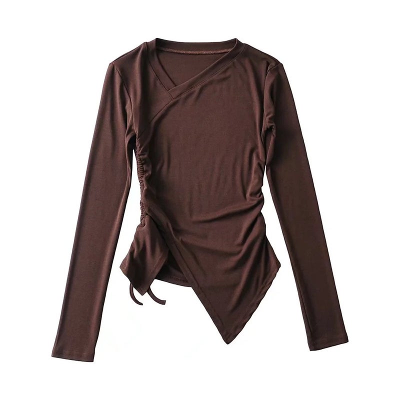 European and American 2022 spring oblique collar irregular split lace-up long-sleeved T-shirt women's solid color pleated slim bottoming shirt fashion - Image 5