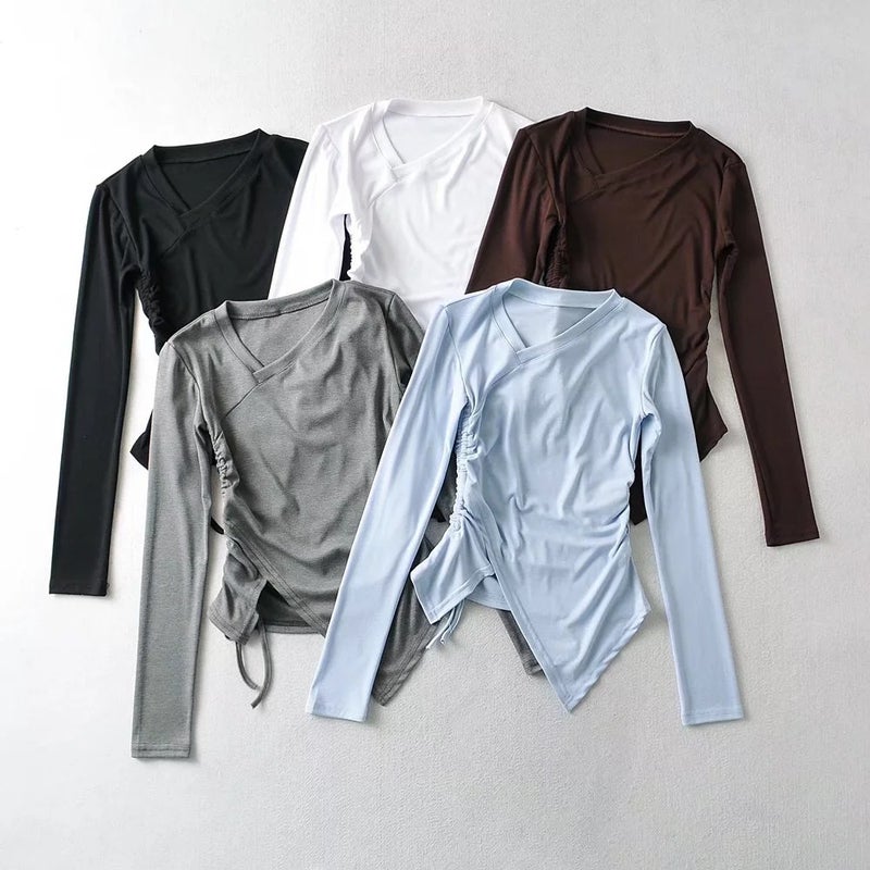 European and American 2022 spring oblique collar irregular split lace-up long-sleeved T-shirt women's solid color pleated slim bottoming shirt fashion - Image 3