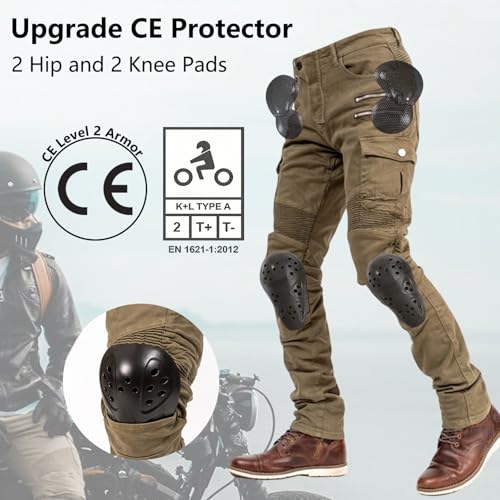 LOMENG Motorcycle Riding Pants Motorbike Motocross Cycling Jeans Safety CE Knee Hip Removable Armored All Seasons for Men Khaki 30 - Image 5