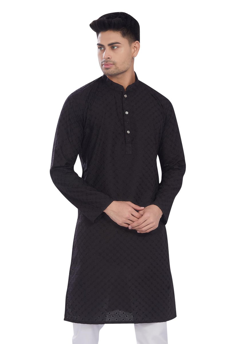 DIVISIVE Men's Thread Embroidered Cotton Only Slim Fit Kurta (DKRT635_S_Black) - Image 1