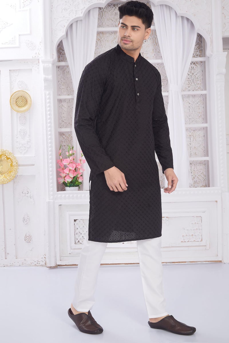 DIVISIVE Men's Thread Embroidered Cotton Only Slim Fit Kurta (DKRT635_S_Black) - Image 3