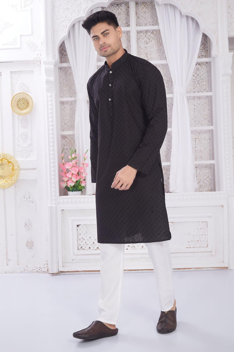 DIVISIVE Men's Thread Embroidered Cotton Only Slim Fit Kurta (DKRT635_S_Black) - Image 2