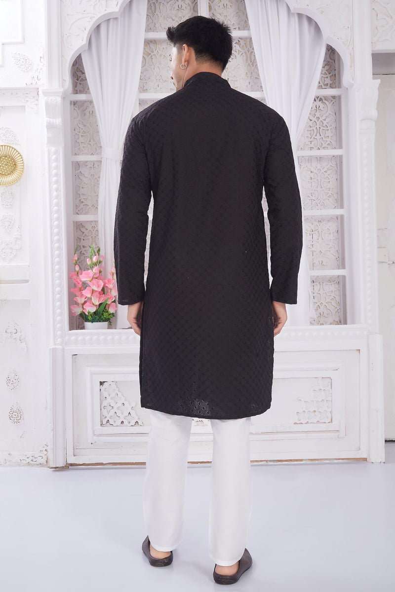 DIVISIVE Men's Thread Embroidered Cotton Only Slim Fit Kurta (DKRT635_S_Black) - Image 4