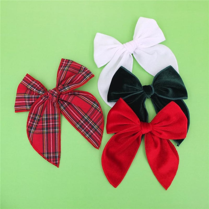 Sugarmelon Velvet Plaid Bow Hair Clips and Accessories for Little Girls and Baby Moms - Red Green White Christmas Fable (4 Pack) - Image 2