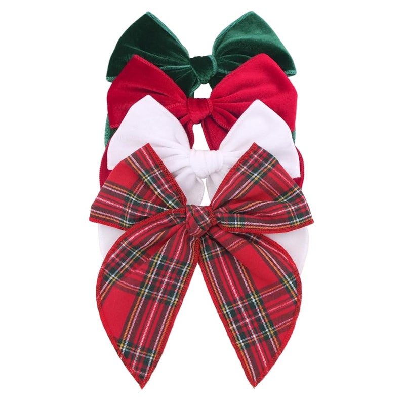 Sugarmelon Velvet Plaid Bow Hair Clips and Accessories for Little Girls and Baby Moms - Red Green White Christmas Fable (4 Pack) - Image 1
