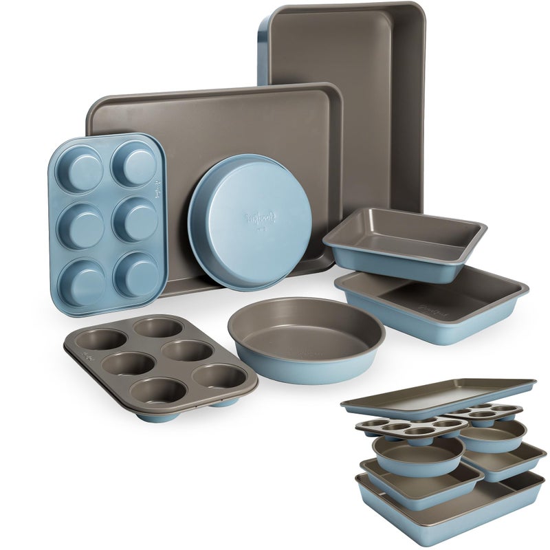 Goodful AllInOne Nonstick Bakeware Set Stackable and Space Saving Design includes Round and Square Pans Muffin Pans Cookie Sheet and Roaster Dishwasher Safe 8Piece Blue Mist