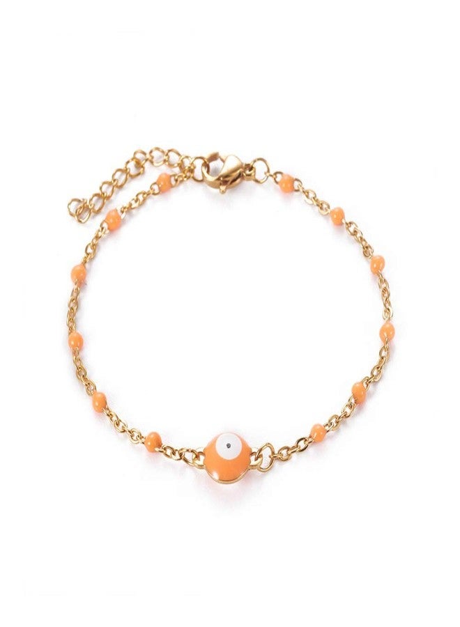 LZD Stainless Steel Enamel Chain Bracelet Lobster Evil Eye Gold Adjustable 2mm A110 (Orange) - Image 1