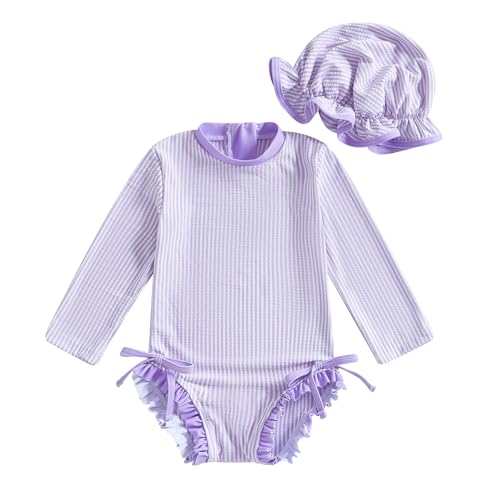 Socutebabe Baby Girl Swimsuit Baby Girls Long Sleeve One Piece Swimsuit Romper with Hat Bathing Suit Beach Rash Guard (G-T-Purple, 6-12 Months) - Image 1