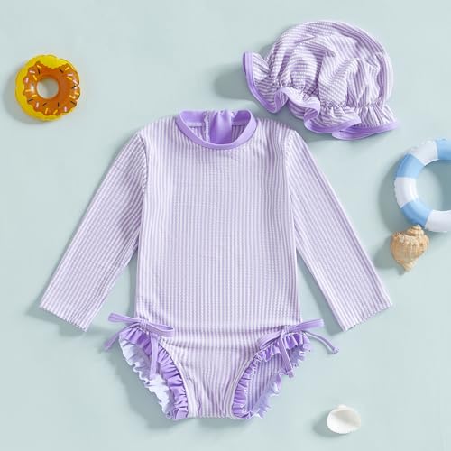Socutebabe Baby Girl Swimsuit Baby Girls Long Sleeve One Piece Swimsuit Romper with Hat Bathing Suit Beach Rash Guard (G-T-Purple, 6-12 Months) - Image 2