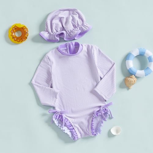 Socutebabe Baby Girl Swimsuit Baby Girls Long Sleeve One Piece Swimsuit Romper with Hat Bathing Suit Beach Rash Guard (G-T-Purple, 6-12 Months) - Image 3