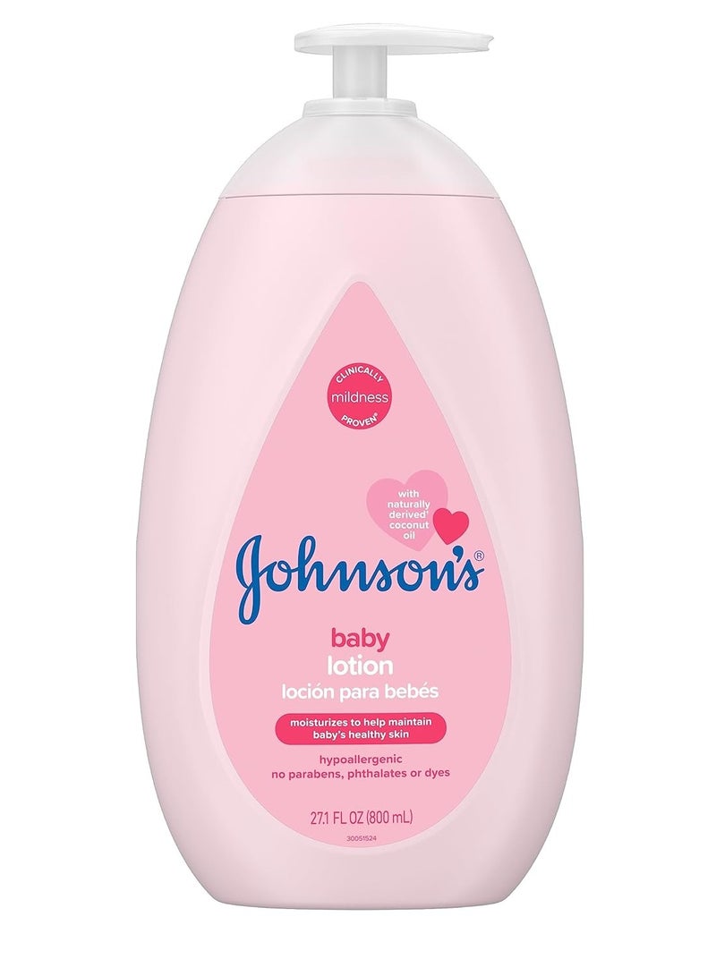 Johnson's Moisturizing Mild Pink Baby Lotion with Coconut Oil for Delicate Baby Skin, Paraben-, Phthalate- & Dye-Free, Hypoallergenic & Dermatologist-Tested, Baby Skin Care, 27.1 Fl. Oz - Image 1