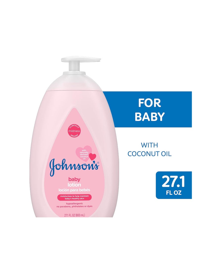 Johnson's Moisturizing Mild Pink Baby Lotion with Coconut Oil for Delicate Baby Skin, Paraben-, Phthalate- & Dye-Free, Hypoallergenic & Dermatologist-Tested, Baby Skin Care, 27.1 Fl. Oz - Image 2