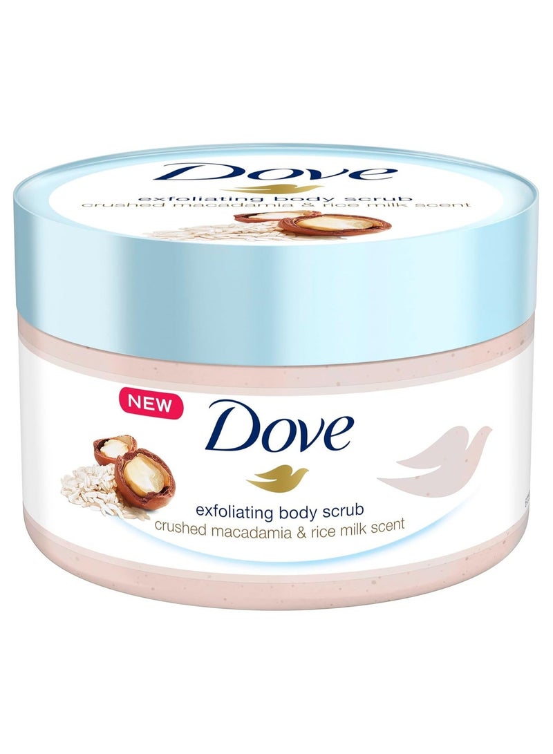 Dove Exfoliating Body Polish Scrub,Macadamia & Rice Milk,with ¼ moisturising cream, 225ml - Image 2