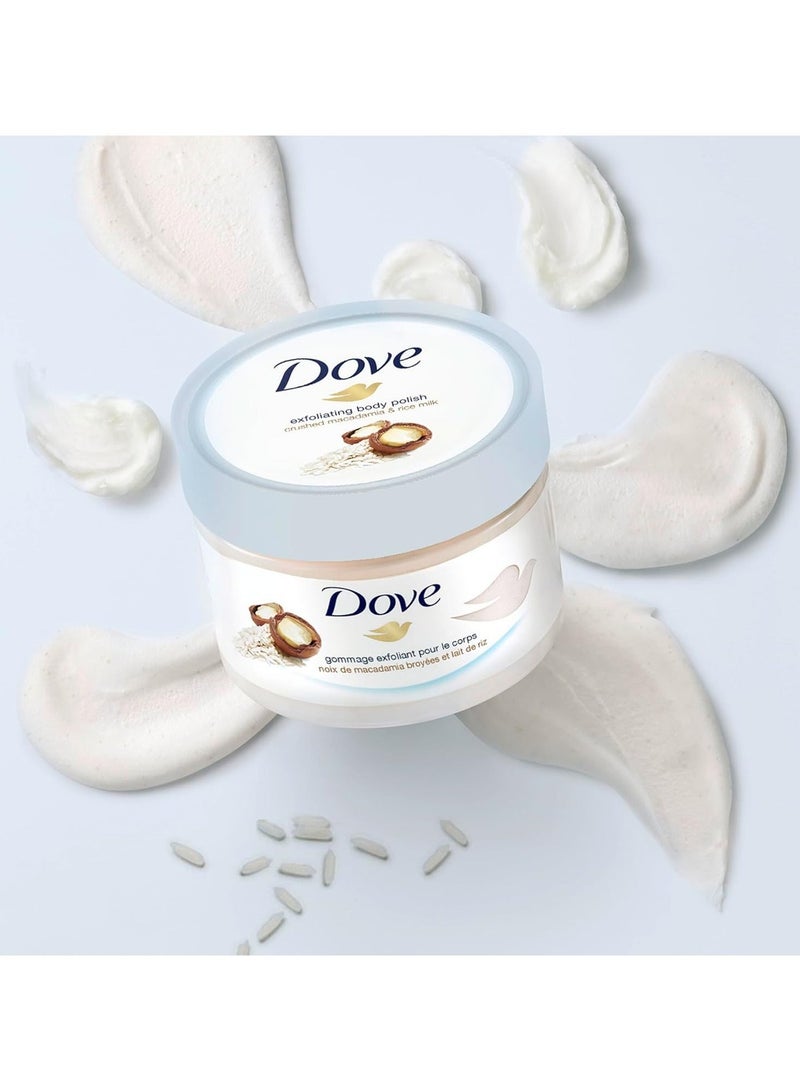 Dove Exfoliating Body Polish Scrub,Macadamia & Rice Milk,with ¼ moisturising cream, 225ml - Image 5
