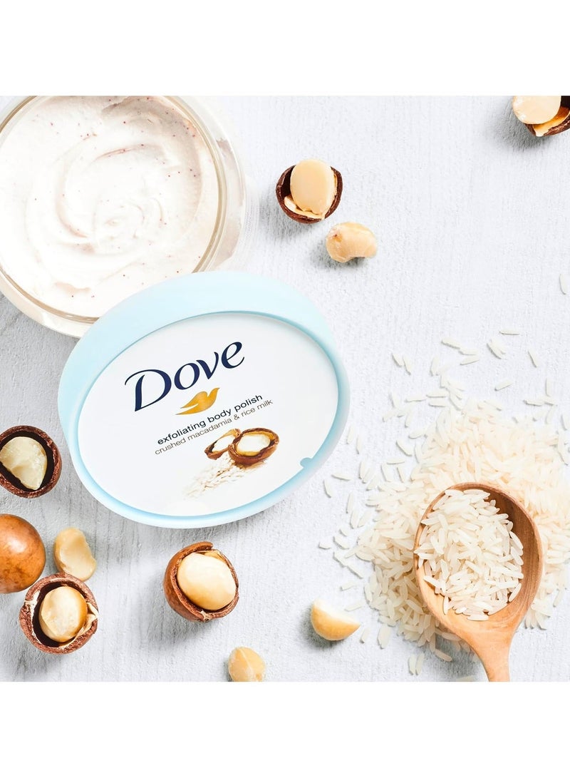 Dove Exfoliating Body Polish Scrub,Macadamia & Rice Milk,with ¼ moisturising cream, 225ml - Image 3