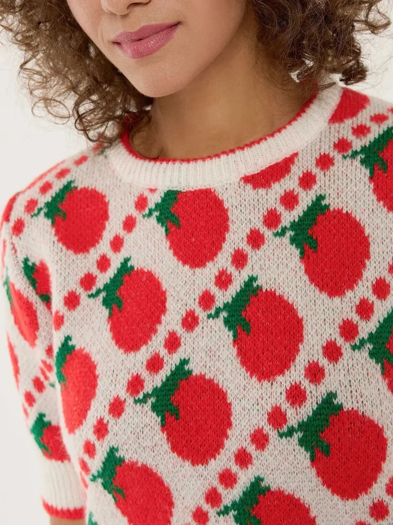 HICCUP Patterned Short Sleeve Knit Sweater