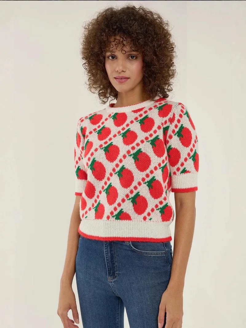 HICCUP Patterned Short Sleeve Knit Sweater