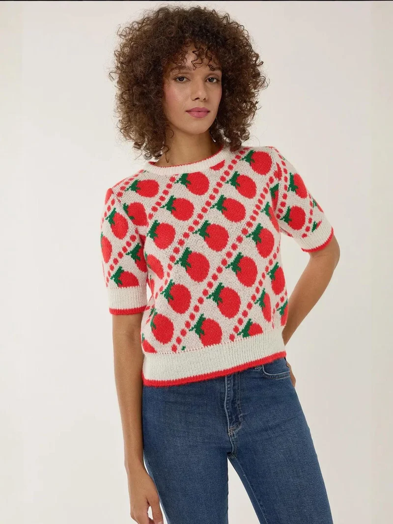 Hiccup Red Patterned Short Sleeve Knit Sweater for Women | Best Price UAE