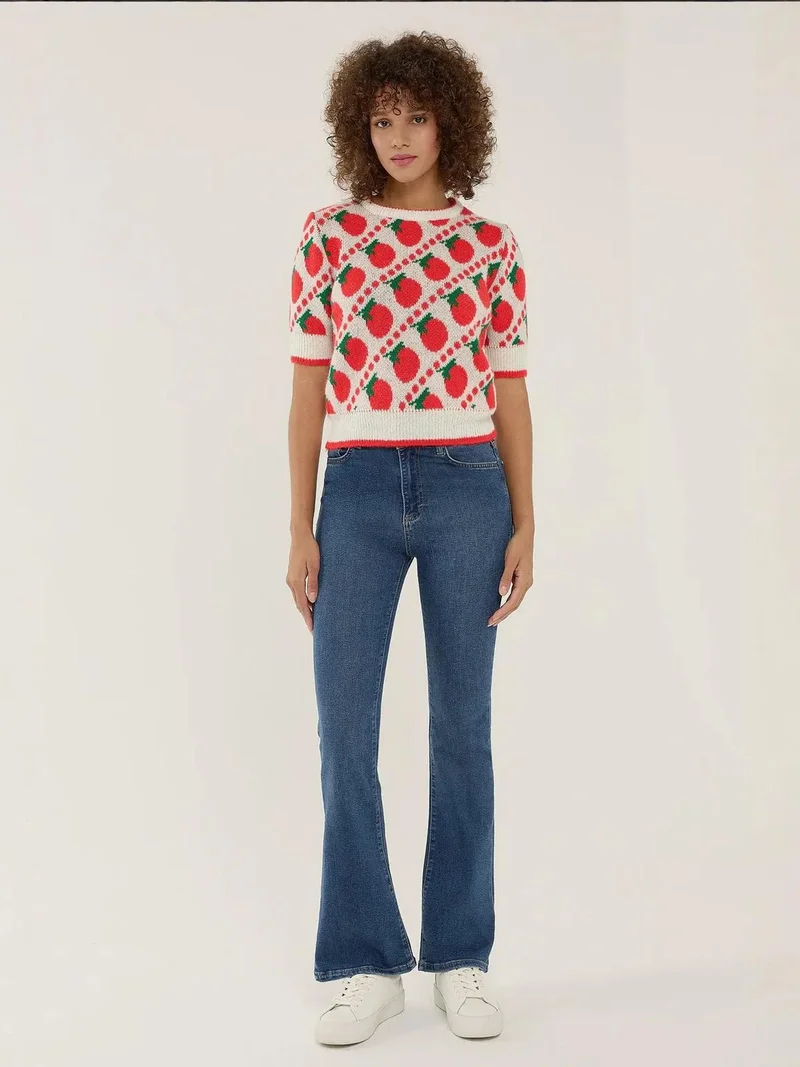 Hiccup Red Patterned Short Sleeve Knit Sweater for Women | Best Price UAE