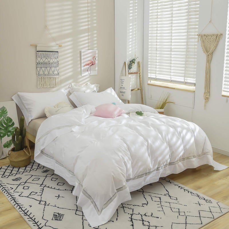 FADFAY White Duvet Cover Premium 100 Cotton Farmhouse Bedding Soft Elegant Guipure Lace Fringe Hotel Quality Romantic Bed Cover KingCalifornia King Size 106 x 92 inches