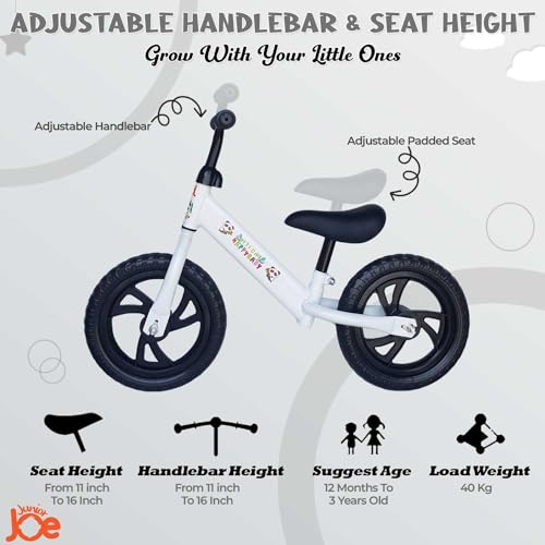 JUNIOR JOE Kids Balance Bicycle Without Pedal Cycle for for 1.5 to 3 Year Baby (White, Black MAG Wheel) - Image 4