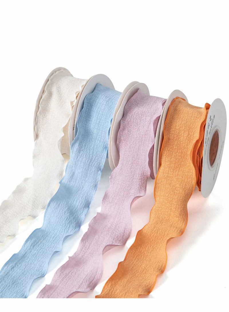 Chiffon Silk Ribbon Gauze 4 Rolls Cotton Texture Lotus Leaf Edge Ribbons Set for Wedding Invitations, Bridal Bouquets, Gifts Wrapping, DIY Crafts - Image 1