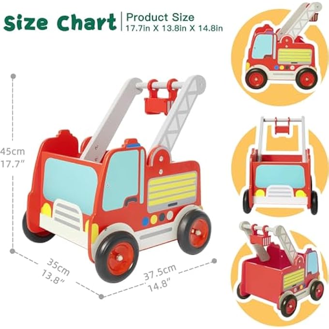 RED FIRE ENGINE WALKER WOODEN BABY PUSH PULL WALKER TOY WITH WHEELS FOR BOYS FROM 1 YEAR - Image 5