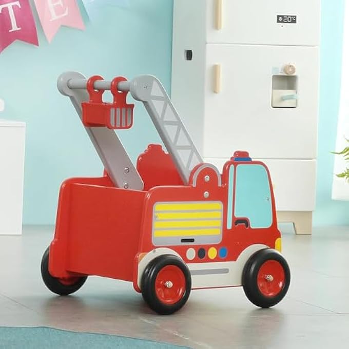 RED FIRE ENGINE WALKER WOODEN BABY PUSH PULL WALKER TOY WITH WHEELS FOR BOYS FROM 1 YEAR - Image 4