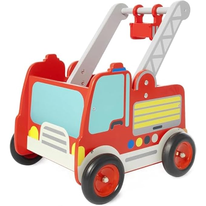 RED FIRE ENGINE WALKER WOODEN BABY PUSH PULL WALKER TOY WITH WHEELS FOR BOYS FROM 1 YEAR - Image 2