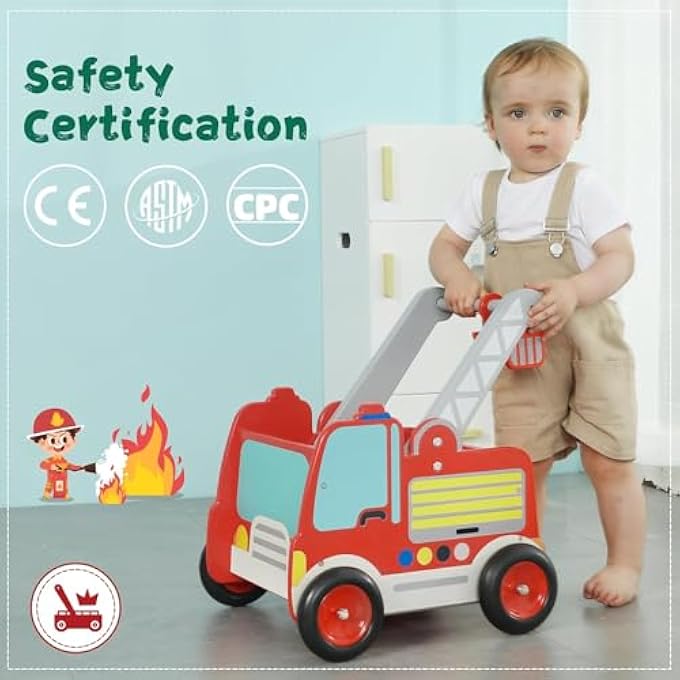 RED FIRE ENGINE WALKER WOODEN BABY PUSH PULL WALKER TOY WITH WHEELS FOR BOYS FROM 1 YEAR - Image 3