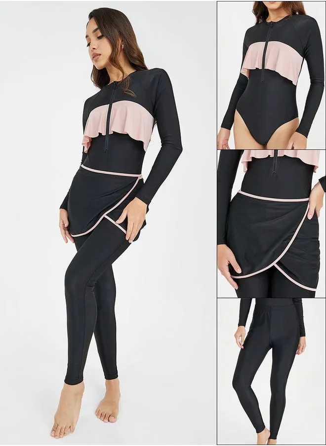 ستايلي Pack of 3 - Ruffled Zip Up Top, Contrast Edge Wrap Skirt & Leggings Burkini
