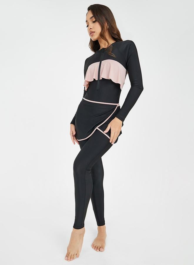 Styli Pack of 3 - Ruffled Zip Up Top, Contrast Edge Wrap Skirt & Leggings Burkini  - Image 2