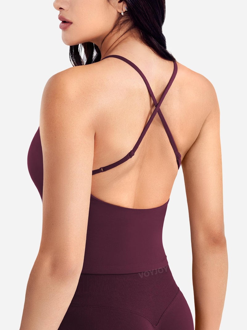 VOYJOY Women's Workout Tank Top V Neck Padded Sleeveless Backless Crop Tops with Adjustable Spaghetti Strap Mauve S - Image 4