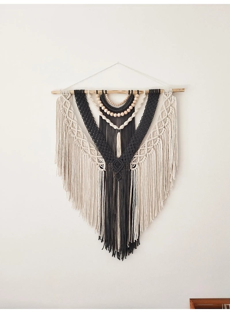 انتيكيانو تعليقة جدارية من المكرمية، ديكور جداري بوهيمي، ديكور مكرمي، فن جداري يدوي، ديكور منزلي بألوان حيادية، مكرمية رمادية، مكرمية كريمية، فن من الألياف - Image 1