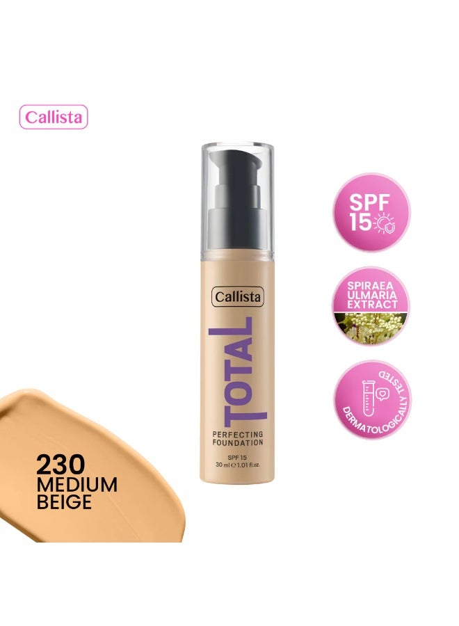 كاليستا كريم أساس توتال بيرفكتينج درجة 230 بيج متوسط بتغطية كاملة ولمسة مطفية وحماية SPF 15 - Image 2