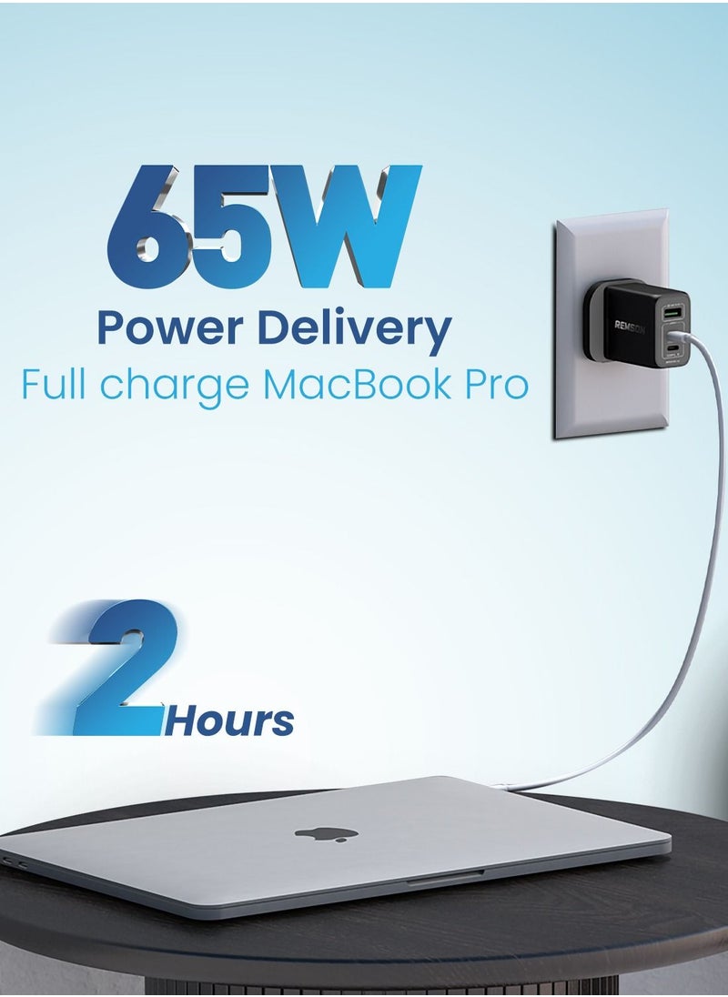 Remson - Remson 65W 3 Ports GaN Charger USB-C Power Wall Adapter  PD 3.0 with USB-A Port  Compatible with iPhone 13 13 Mini 13 Pro 13 Pro Max SE 11 XR XS, Samsung S22, MacBook Pro Air, iPad and Laptops - Image 1