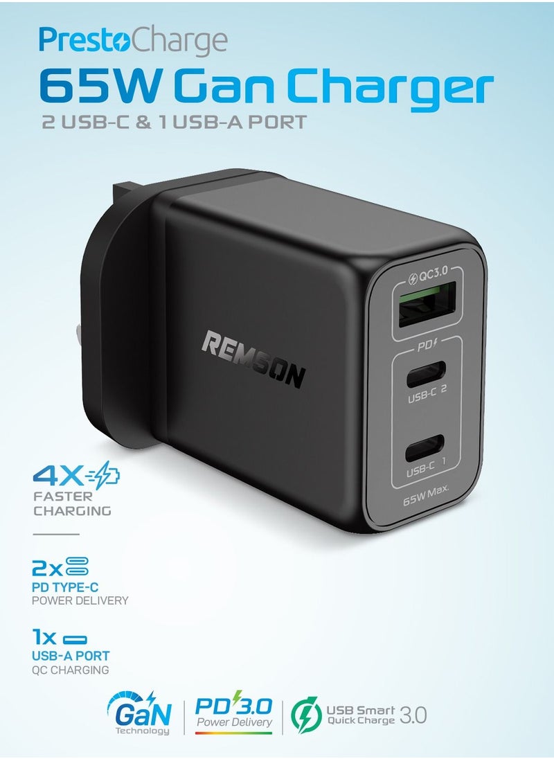 Remson - Remson 65W 3 Ports GaN Charger USB-C Power Wall Adapter  PD 3.0 with USB-A Port  Compatible with iPhone 13 13 Mini 13 Pro 13 Pro Max SE 11 XR XS, Samsung S22, MacBook Pro Air, iPad and Laptops - Image 1